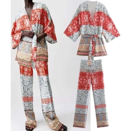 Klkxmyt Za 2021 Print Kimono Blouse Suit Women 2 Piece Set Casual Lady Pants Set Woman Trousers Outfit Bow Knot Shirts Tops Suit