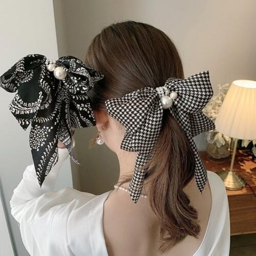 Fashion Retro Pearl Ribbon Cloth Hair Clip Trendy Hairpin Sweet Hairgrip Woman Spring Clip Elegant Hair Accessories Ornament