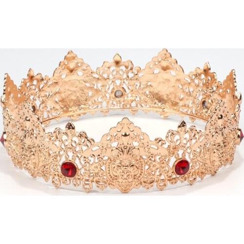 Mens red rhinestone gold alloy crown, king hair accessory. Birthday party hair crown