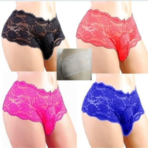 M L XL XXL XXXL Hot Sexy Mens Lace Underwear Sissy Grid Boxer Seamless Enhance Pouch Sexy Mens Boxer ropa interior hombre