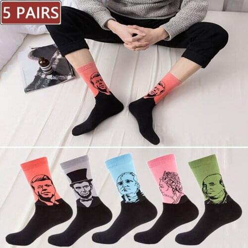 5 Pairs Men Cotton Happy Art Socks With Print Lincoln Washington Portrait Retro Painting Socks Autumn Winter Funny Van Gogh Sock