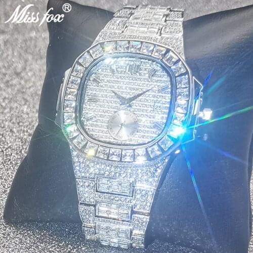 MISSFOX Iced Out New Watches For Men Silver Fashion Business Male Watch Full AAA Diamond Bling Auto Date Diver Clocks Jewelry