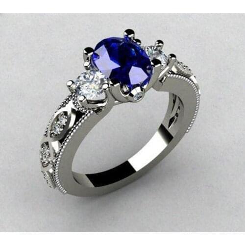 JK Oval Blue Stone Wedding Ring Luxury Triple Crystal Stone Prong Setting With Luxury Pattern Band Women Jewelry Ring Band