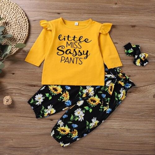 Toddler Girl Fall Clothes 3 Pieces Letter Long Flying Sleeve Tops+sunflower Chrysanthemum Trousers+headband Kids Clothes 1-6Y