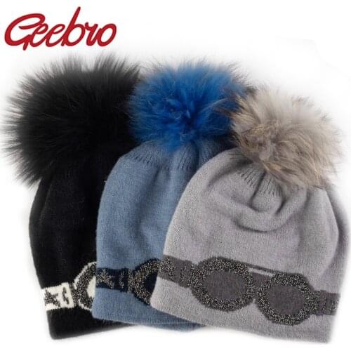 Geebro Fashion Woman Men Winter Thicken Ski Hat Knitted Glasses Print BeanieRaccoon Real Pompom Wool Warm Solid Color Hats