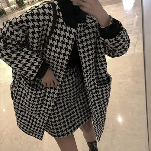 Woolen Jacket 2021 Popular Cashmere Stitched Nine-Quarter Sleeves Black and White Houndstooth Jacket Womens Autumn and Winter