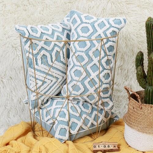 Blue tufted embroidery Geometric pillowcase throw cushion cover with Tassel Home Living Room Sofa Decorative Pillow Cover 40853