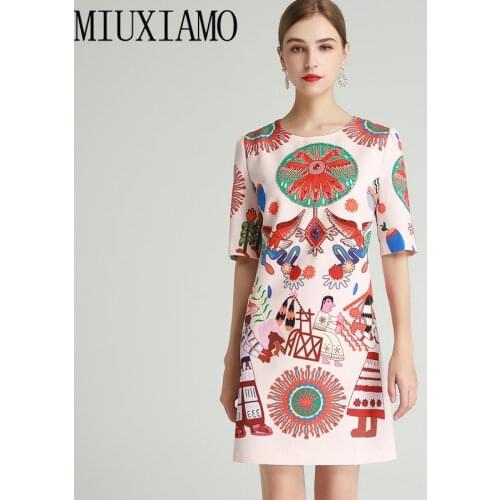 MIUXIMAO 2021 Spring Autumn Elegant Phoenix Beauty Print Diamonds Short Sleeve Fashion Skirt Female Pink Midi Dress Vestidos