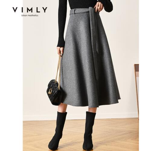 Vimly Elegant Wool Skirts For Women Winter High Waist Slim Solid A Line With Belt Vintage Bottoms Female Mid Calf Skirt F3520