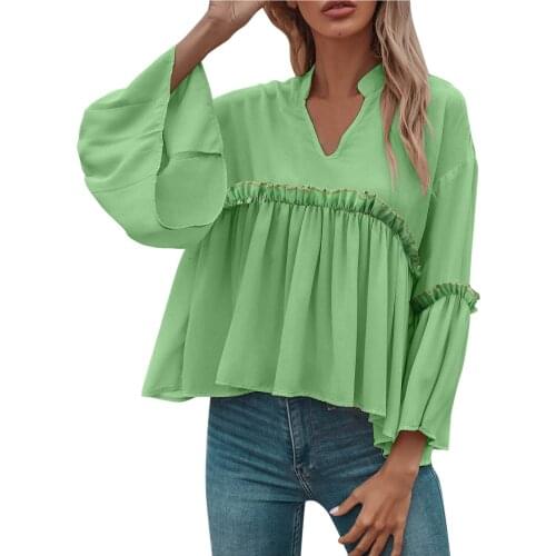 Womens Ruffle Long Sleeve Blouse Top V Neck Fashion Ruched Loose Fitted Blouse Blusas Femininas De Verao 2021 #G3