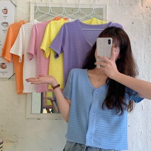 DAXIN Women T Shirt Summer Candy Color Knitted Cardigan Tee Shirt Elegant French Retro V-neck Short Sleeve Casual T Shirt