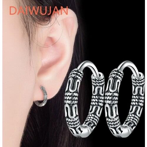 DAIWUJAN Vintage 925 Sterling Silver Hoop Earrings For Women Retro Chain Pattern Round Circle EarringsThai Silver Unisex Jewelry