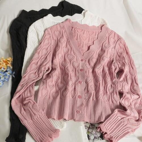 Sweet Heart-shaped Plaid Hollow Out Wave Edge Long Sleeve Cardigan Women Korean V-neck Slim Single Breasted Knitwear