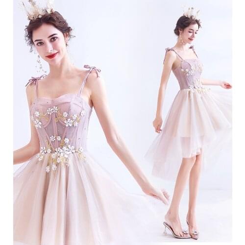 New sweet pink short front long back lady girl women princess bridesmaid banquet party ball dress gown free shipping