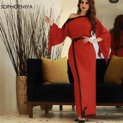 New Arrival Spandex Red Long sleeve evening dresses Women party night Black edge Robe soiree dubai Muslim evening dress 2021