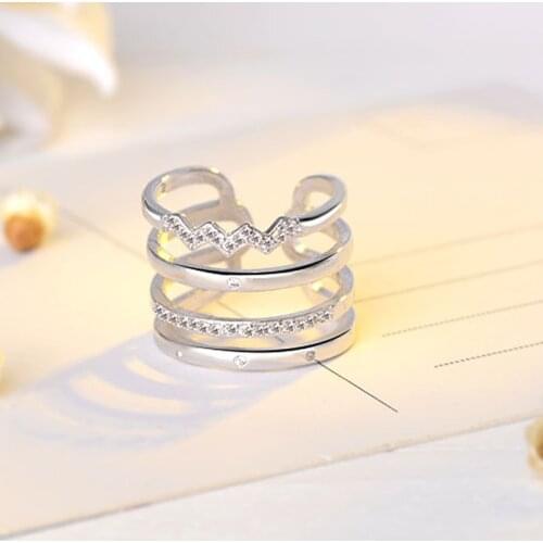 Multilayer wave AAA Zircon Open Wide Ring Fashion Vintage Jewelry Women 925 sterling silver Rings Wholesale Female Gift Bijoux