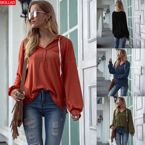 2021 Long-Sleeved T-shirt Womens V-neck Button Hooded Solid Color Womens Clothing