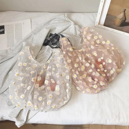 2021 Summer Women Small Transparent Tote Mesh Cloth Bag Daisy Embroidery Handbag Eco Friendly Fruit Shopping Bag Purse For Girls