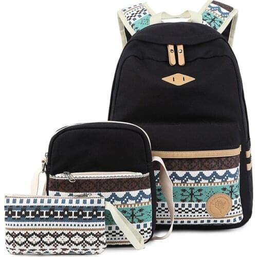Preppy Stylish Canvas Printing Backpack Women School Bags for Teenage Girls Cute Black Set Travel Backpacks Female Bagpack