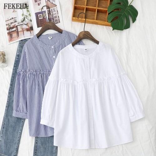 Summer Shirts Women Blouses White Cotton Lady Tops Loose Blue Striped Female Clothes