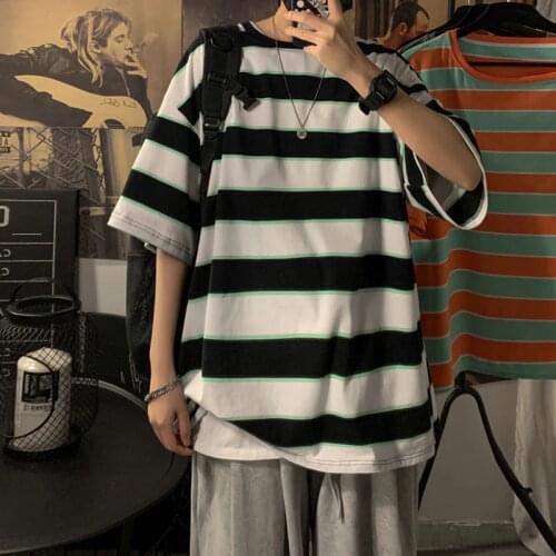 Summer Mens Striped Printing Short Sleeve T-shirt Fashion Trend Loose Round Neck Tshirt Casual Top Streetwear T Shirt M-2XL