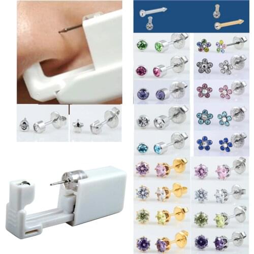 1pc Sterlised Disposable Safety No Pain Nose Ear Piercing Device+Sterile Bezel Crystal Stud Flower Ear Piercer Body Jewelry