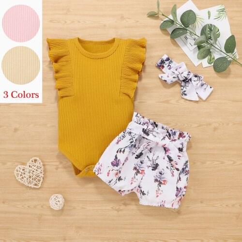 Telotuny Toddler Kids Baby Girls Ruffle Solid T Shirt Tops Romper Floral Print Shorts Headband Outfits Baby Girl Clothes Set
