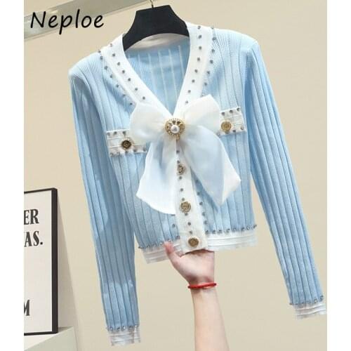 Neploe Embroidered Flares Autumn New Women Cardigans Bow V-neck Long-sleeved Slim Knit Sweater Single Breasted Knitted Jacket