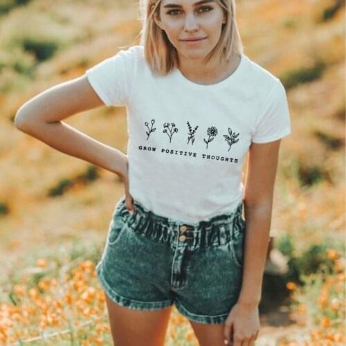 Grow Positive Thoughts T-shirt Vintage Women Floral Print Tshirt Summer Inspired Slogan Graphic Boho Tee Top Mental Health Shirt