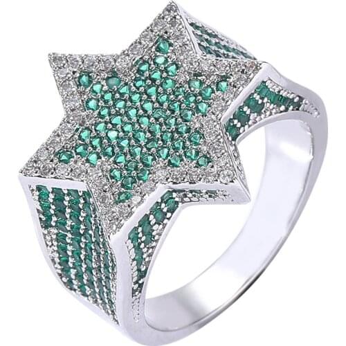 Six-Pointed Star Rng Micro-Inlaid Zircon Personality Hiphop Mens Trendy Hip-Hop Accessories