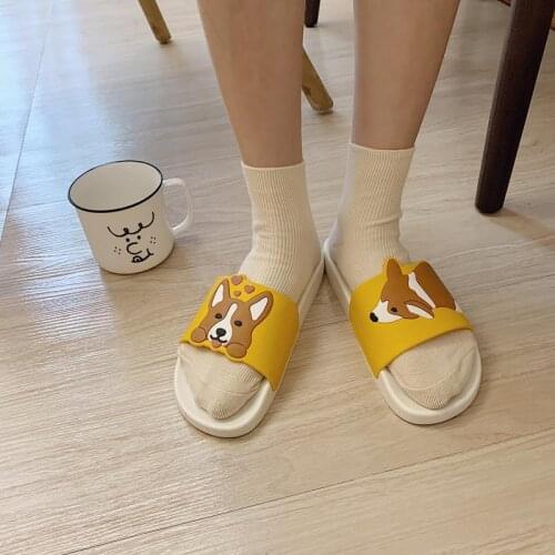 Women Summer Slippers Slide Sandals Beach Flip Flops Cartoon Dog Corgi Comfortable Thick Sole Girls Flat Shoes Zapatillas Mujer