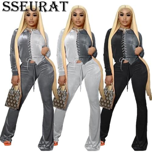 SSEURAT Women Tracksuit Velvet Patchwork Bandage Crop Tops and Pants Two Piece Sets Autumn Casual Outfit