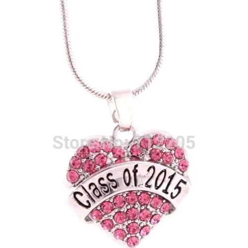 Rhinestone class of 2015 heart pendant family with snake chain necklace