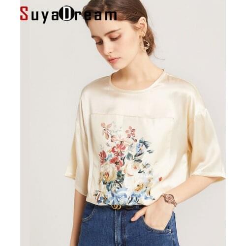 SuyaDream Women Floral T Shirt 22mm 100%Real Silk Satin O Neck Short Sleeves Beige Tee 2021 Spring Summer Chic Top