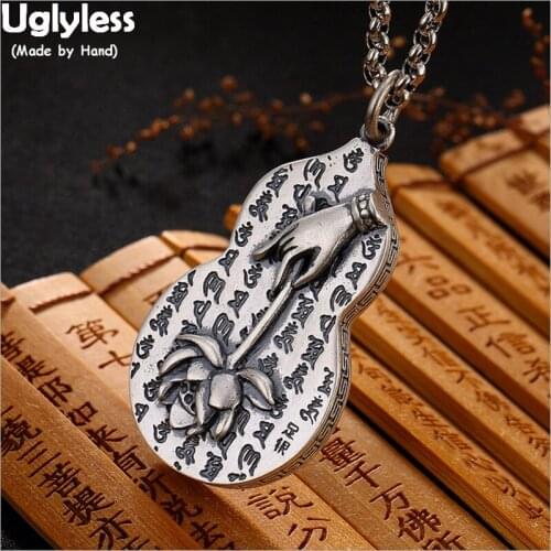 Uglyless 990 Pure Silver Gourd Pendants Unisex Tibetan Buddhism Necklaces NO Chains Buddha Hand Lotus Pendant Jewelry Religious