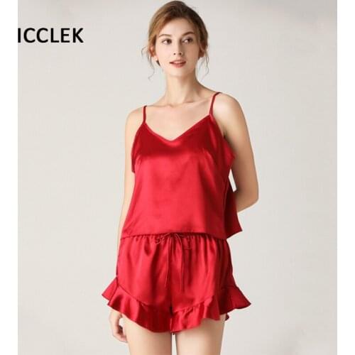 Women Sleepwear Summer Pajamas Sexy Lingerie Silk Satin Sleepwear Solid V-neck Two Piece Sleeveless Shorts Pajamas Home Clothes