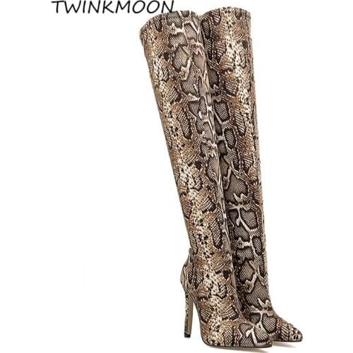 Women High Boots Over The Knee Snake Print High Heels Shoes Thigh High Boots Sexy Stretch Slim Fit zapatos de mujer