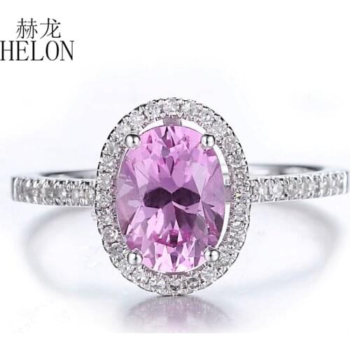 HELON Ladies Elegant Fashion Jewelry Ring Real 14K White Gold Oval 8x6mm Pink Topaz Engagement Wedding Natural Diamond Halo Ring