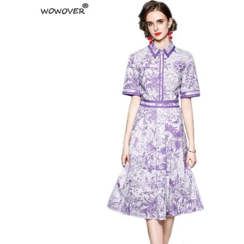 Summer Clothes for Women 2021 Fashion Runway Short Sleeve Vintage Print Holiday Shirt Dress Casual Robe Femme Purple Vestidos