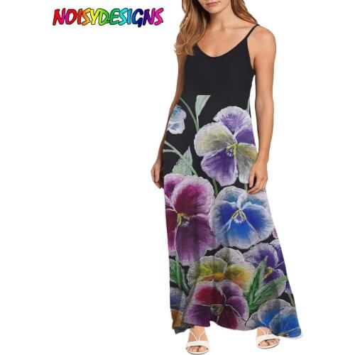 NOISYDESIGNS Womens Dress Sling Strap Dresses Pansy Flowers Pattern Black Summer Dress Ropa Mujer Sukienki Letnie Robe Femme
