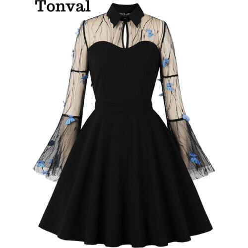 Tonval Turn-Down Collar Mesh Long Sleeve 3D Butterfly Vintage Mini Dress Spring Autumn Women Halloween Party Elegant Dresses