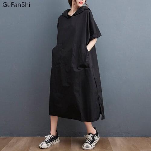 2021 Summer Womens Dress Vintage Solid Hooded Dress Casual Loose Short Sleeve Elegant Ladies Dresses Black White