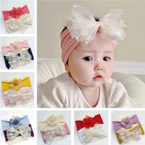 2pcs Baby Headbands New Flower Nylon Headband Bow Knotted Soft Turban Bands Newborn Floral Hair Accessories Photography Props