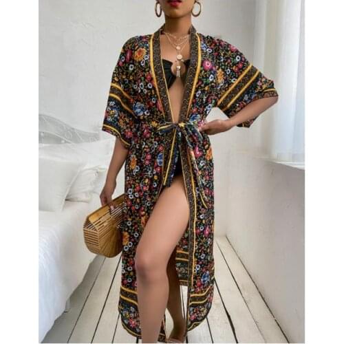 Bohemian Bikini Cover Up Women Swimsuit Cardigan Floral Print Open Front Tie Up Kimono Long Bikini Cover Up Beachwear Dress