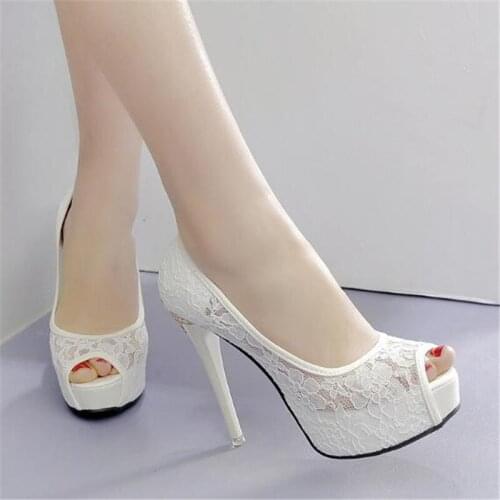Women sandals Mesh Slip On 12CM Thin Heels High heels Peep Toe Cutout Lace waterproof Shallow sandal women shoes size 35-42