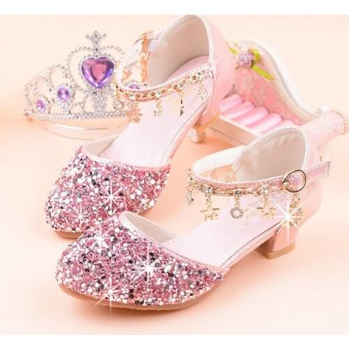 Kids Princess Girls Sandals Glitter Shiny Rhinestone Butterfly Student Party Dance Shoes Children Summer High Heel