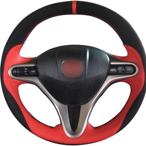 For Honda Civic 8 2006 2007 2008-2010 2011 (3-Spoke) Black Suede Red Leather Red Marker Car Steering Wheel Cover Auto parts