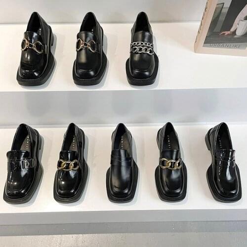 FONBERRY Silver Chains Chunky Platform Loafers Shoes for Women 2021 Patent Leather Square Toe Goth Y2K High Heels Office Shoes