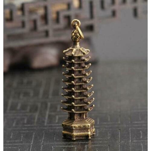 Chinese Collection old Pendant Asian Brass Copper Pagoda Statue Key Ring Gift