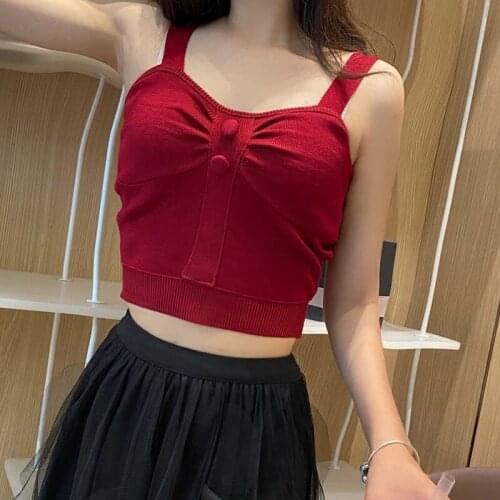 Summer Korean Sweet Tank Tops Sexy Solid Color Fake Button Slim Sling Ladies Slim Vests Camis